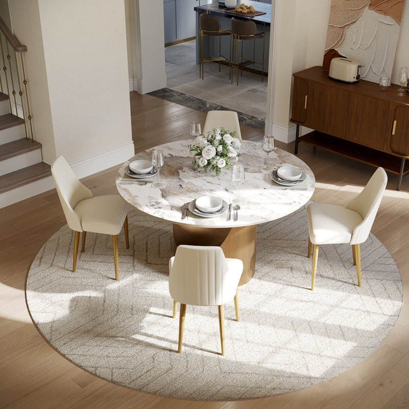 Modern Dining Room Sets, Pre-Assembly Round Dining Table Sets, Sintered Stone Tabletop Kitchen Dining Table Set With Upholstered PU Leather Chairs