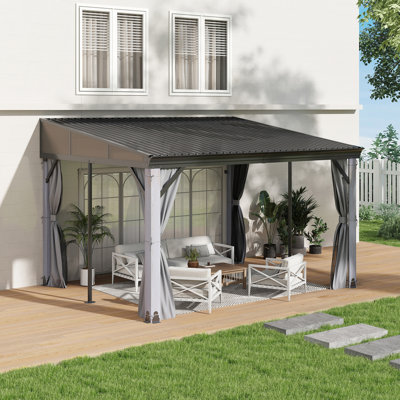 Pavillon de jardin mural en acier galvanisé à toit rigide de 10 pi x P 12 pi, pavillon en bois robuste avec filet et rideaux