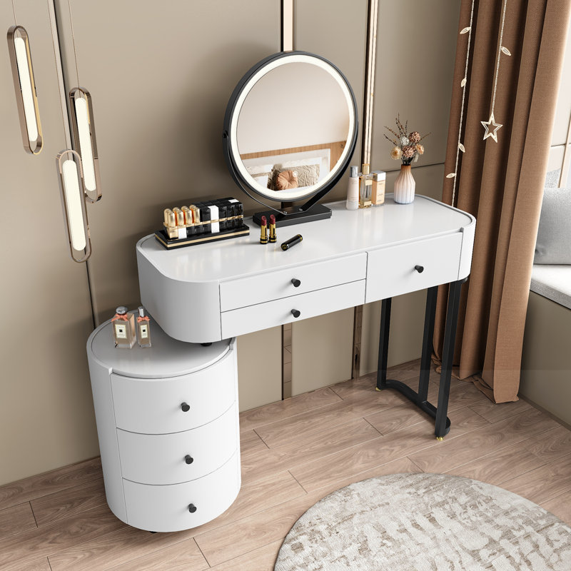 Dressing Table With Detachable Mirror And Rotatable Side Cabinet