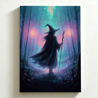 Tableau sur toile d'Halloween 61 x 91 cm. Sorcière dans une forêt, tenant un bâton, orbes lumineuses, lueur éthérée. Impression sur toile d'art fantastique numérique. Décoration murale moderne pour chambre, salon et bureau.