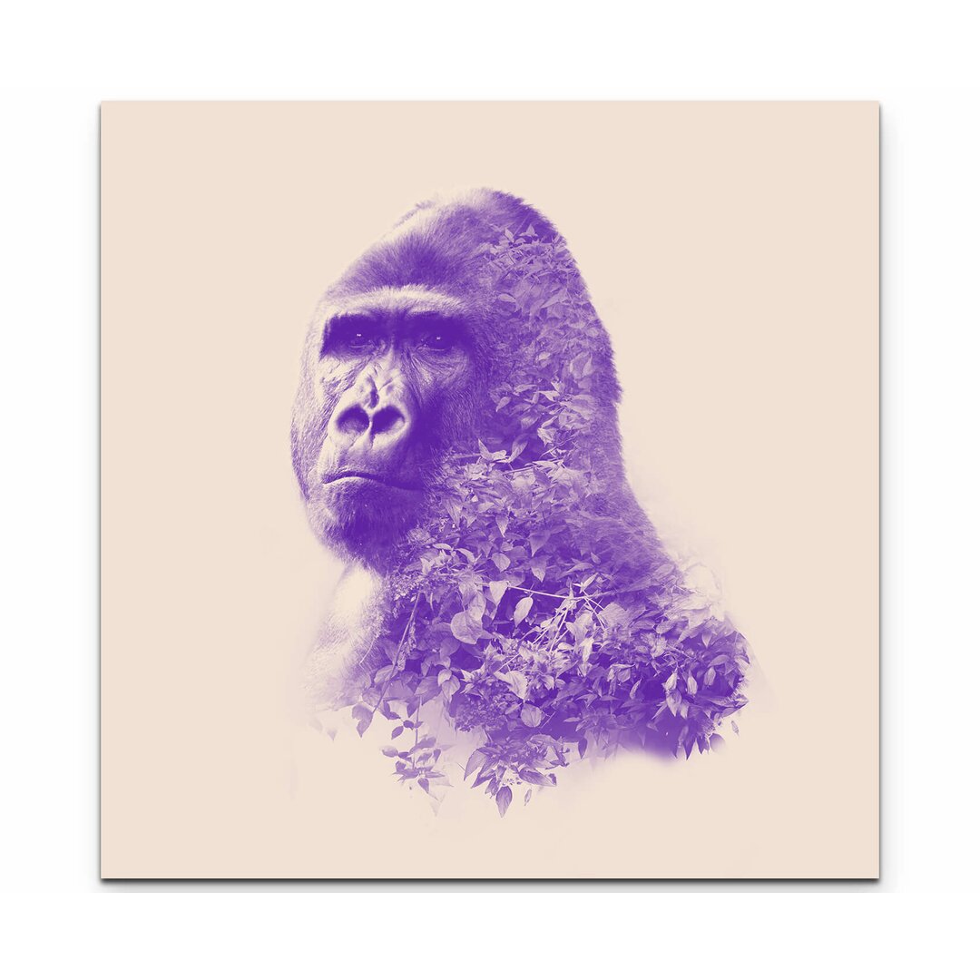 Leinwandbild Lila Gorilla Portrait mit Wald