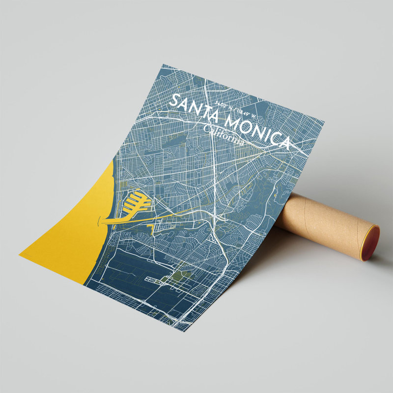 Santa Monica, carte de la ville, impression, H 20 po x l 16 po, Bleu / Jaune