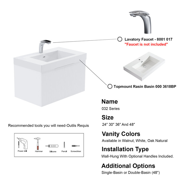 30" Single Vanity Set, Base, Resin Top, White