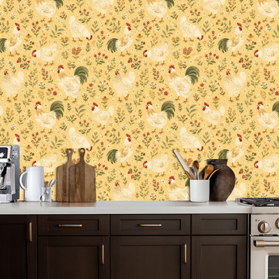 Peel and Stick Wallpaper Chicken Farm Floral Seamless Soft Beige Mustard Folk Art Contact Paper Removable Self Adhesive Wall Mural Wall Decor for Bedroom Kitchen Cabinets 17.7in x 118in