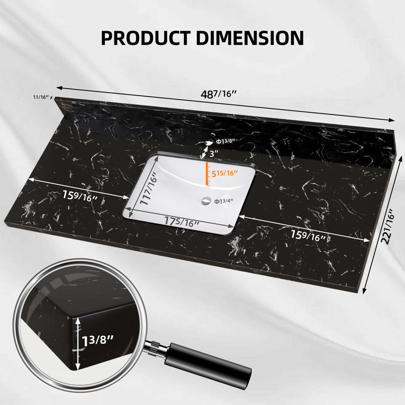 Évier intégré de meuble-lavabo intégré en pierre noire l 48 po x P 22 po avec dosseret de 4 po en marbre noir
