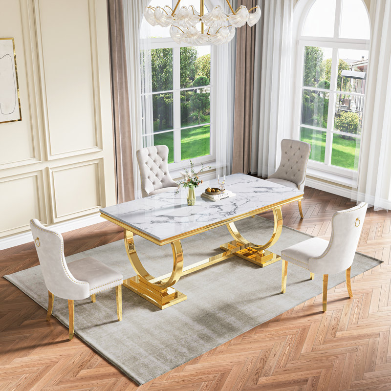 Rectangular 70.1"L X 35"W Dining Set, Blanc / Doré, 5 pièces: table, 4 chaises, Blanc / Doré