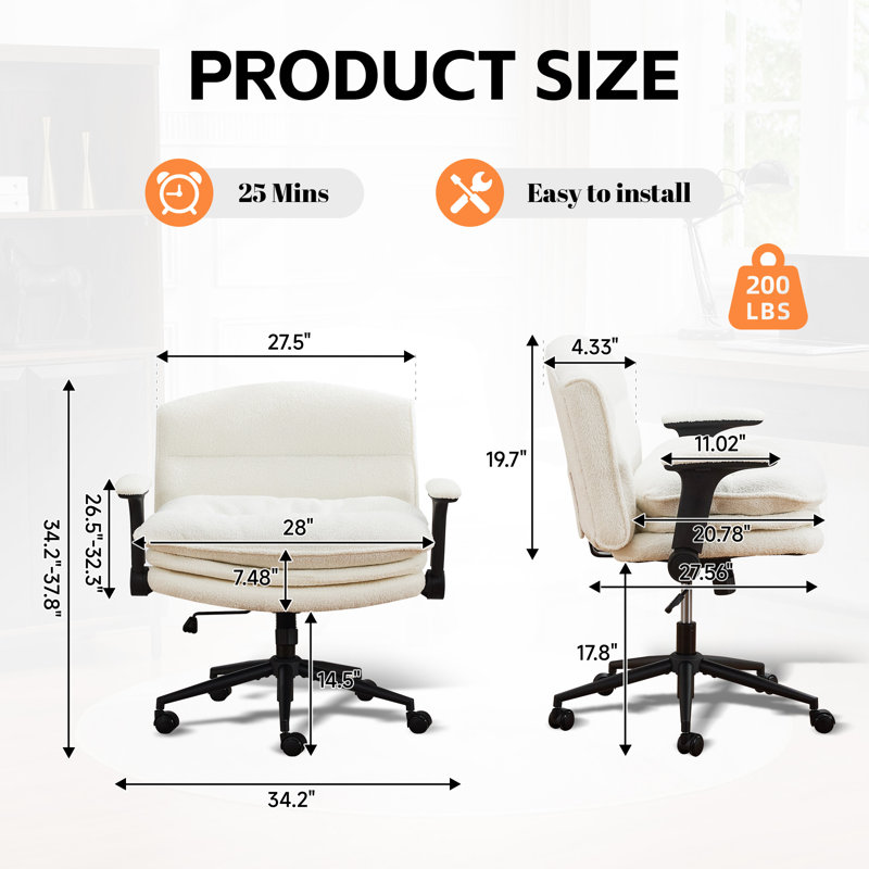 28"W Wide Office Chair with 7.2" Thick Seat, Flip-Up Arms, Adjustable Height & Tilt, White
