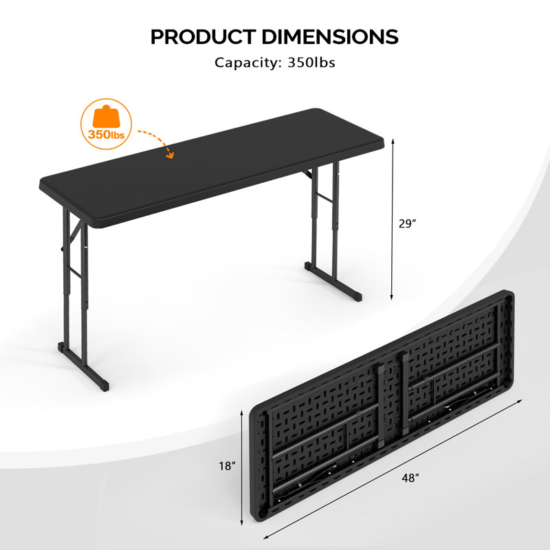 Table pliante étroite 4 pi ， Noir, H 29 po x L 48 po x P 18 po, Noir