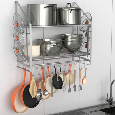 35 Inch Pot Rack Wall Mounted, 2 Tier Pots and Pans Organizer with 20 Hooks and 6 Pot Lid Holders