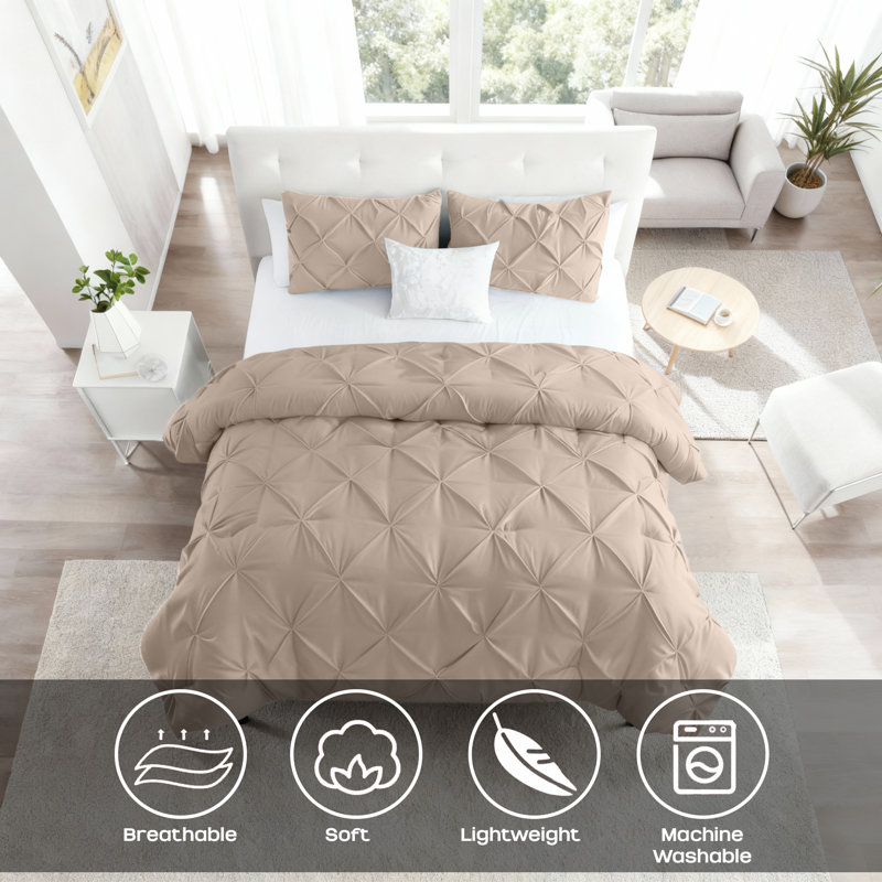 Luxury Brushed Microfiber Pintuck Duvet Cover Set - Soft, Wrinkle-Resistant, All-Season Bedding, Beige