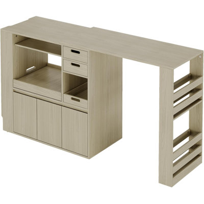 Extendable Kitchen Counter with Drawer, Microwave Shelf & Cable Slits, Wood Grain Storage Rack for Living Room, Adjustable Island Table, Natural