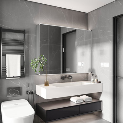 35 X 28 Inches Bathroom Cabinet Mirror, Aluminium, Led And Defogging, Cosmetic Storage Rack & Hair Dryer Holder, Grey Label 3 Colors Hue