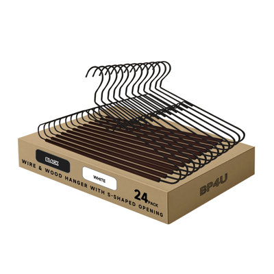  36-Pack S-Shaped Opening Metal Coat Hangers with Wooden Pants Bar, Reinforced Wire Hangers with Beech Wood Trouser Bar for Suits, Sweaters, Jackets, Jeans, T-Shirts, Dresses(Black)