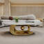 Table basse rectangulaire en pierre frittée avec base sculpturale dorée, blanc classique, centre de table de salon contemporain