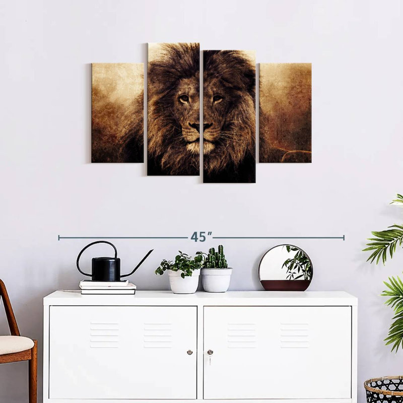Tête de lion grunge sur toile 4 pièces, H 22 po x l 36 po x P 1 po