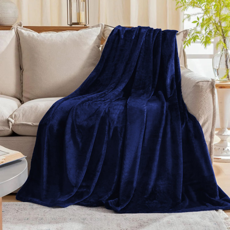 Faux Fur Reversible Fleece Throw Blanket – Soft & Cozy, Navy, Single (3')