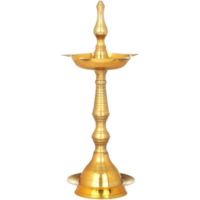 Handcrafted Brass Five-Wick Puja Lamp, 12.2 in. Traditional Indian Diya Stand for Home Altar, Meditation Room & Festival Decor