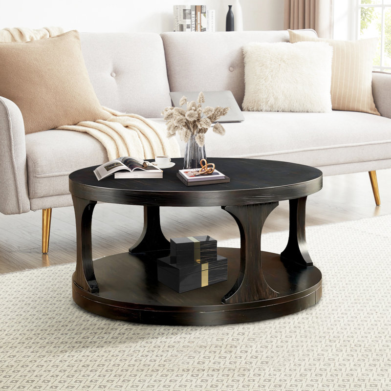 Antique Black Solid Wood Round Coffee Table With Storage