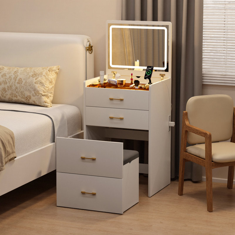 3-in-1 Glass-Top Vanity – Flip Mirror, Charging Station, Hidden Tall-Bottle Cubby, Stool with Drawer, Nightstand Mode, Pure White