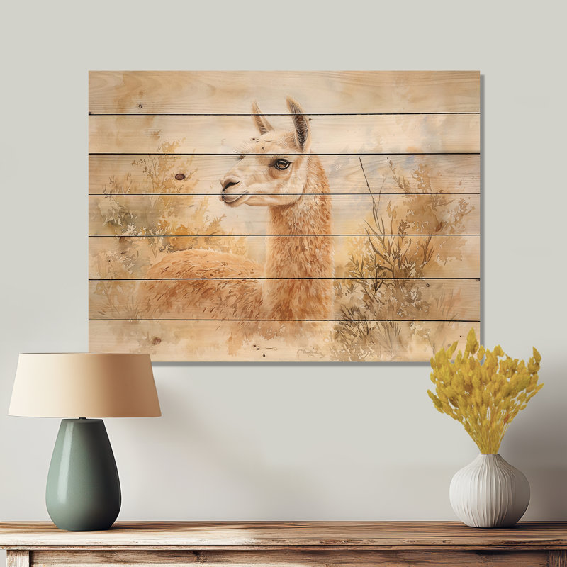 Portrait de lama en forêt II - impression moderne sur bois de pin brun naturel, H 34 po x l 44 po