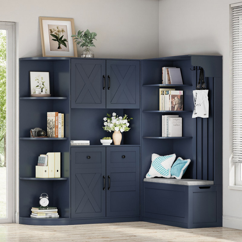 Antique Blue Multifunctional Hall Cabinet Set with Storage and Hooks, L-Shape Combo for Living Room Hallway, Antique Blue
