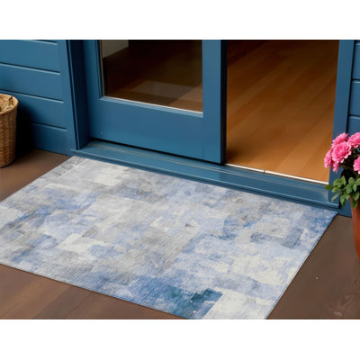 Tapis extérieur lavable abstrait bleu, gris et ivoire Fabre 3 pi x 5 pi Fabre