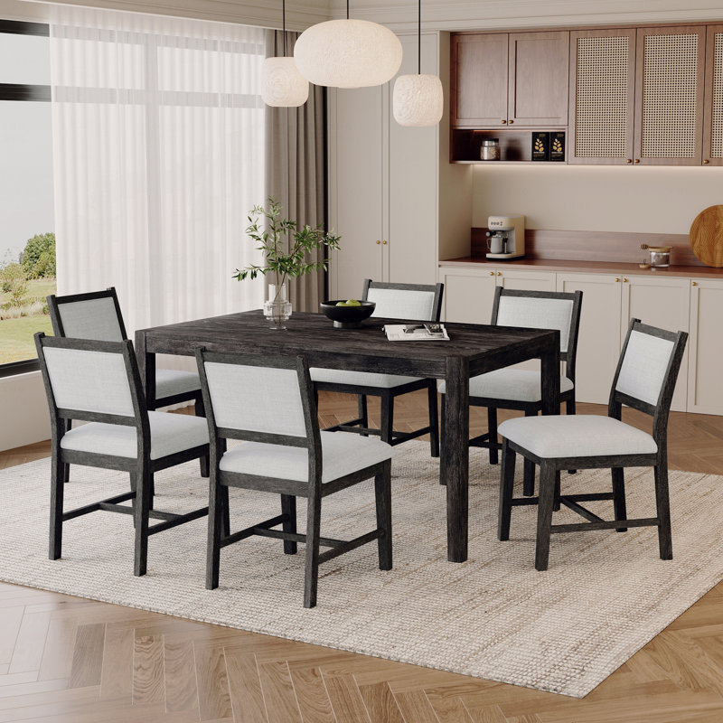 7-Piece Retro Dining Table Set For 6 People, 1 Rectangular Wood Dining Table Set For 6 People With Upholstered Chairs