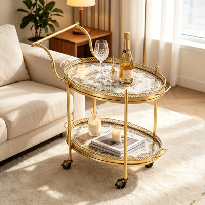 17.32"W x 28.74"D Oval Brass Rolling Bar Cart, Removable Tempered Glass Tray For Small Spaces