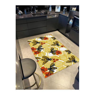Tapis jaune hexagonal lavable à la machine
