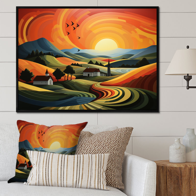 «Minimalist Indiana Farm Countryside I - Barns», art mural, Cadre flottant noir, H 34 po x l 44 po x P 1,5 po