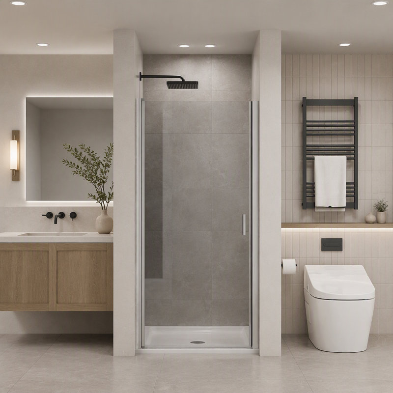 Goodyo 34x72 Inch Pivot Shower Door, 1/4 Inch Tempered Glass, Chrome Finish, Semi-Frameless Design for Modern Bathrooms