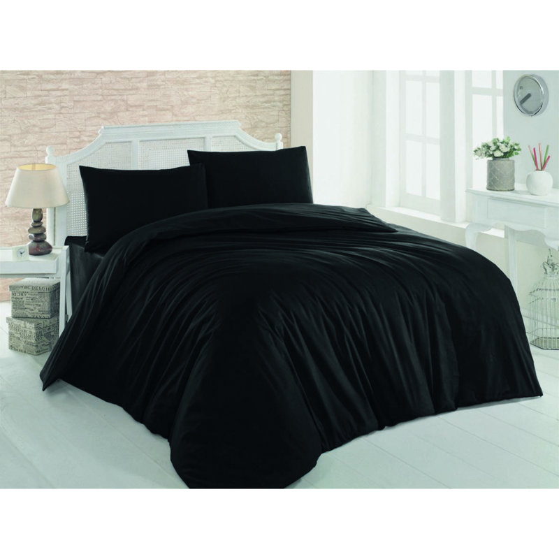 Ensemble de housse de couette 100% coton de qualité supérieure Ranforce Super King, noir | Housse de couette: 102,4 po x 86,6 po, 2 taies d'oreiller: 23,6 po x 23,6 po | 142 fils, fermeture à boutons et enveloppes, lavable à la machine, doux et durable