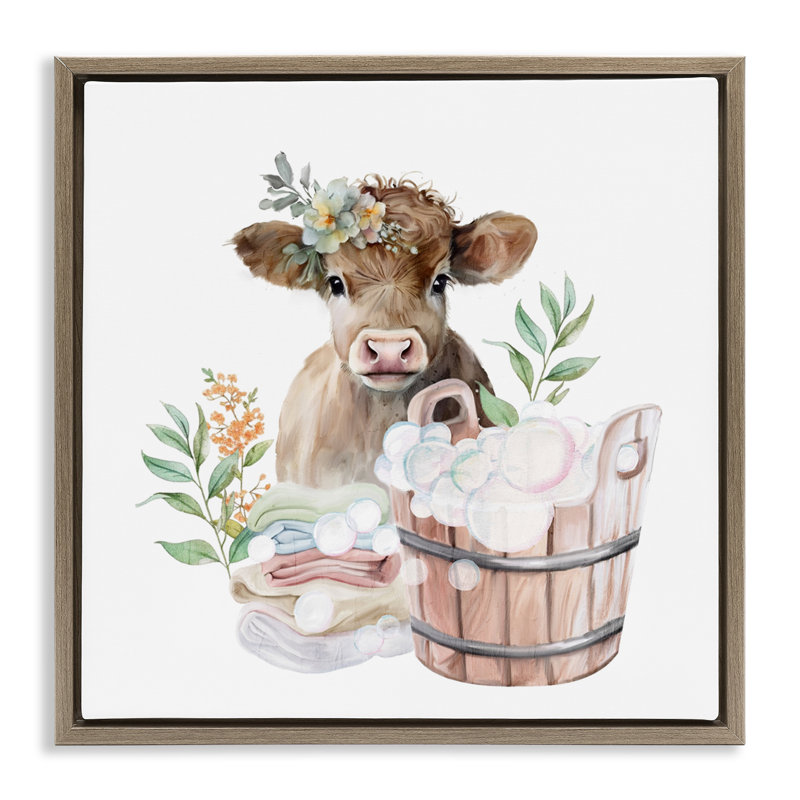 Cadre flottant Laundry Day Baby Cow, design par Kim Allen, H 25 po x l 25 po, Cadre flottant orme Montalcino
