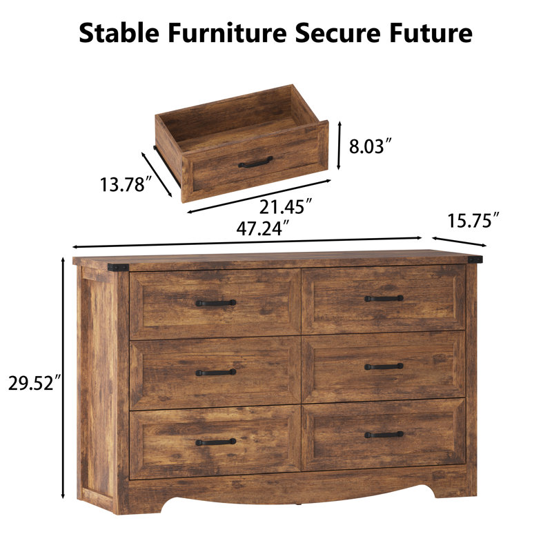 Jennievieb 6 - Drawer Dresser 47.24'' Wooden Chest Of Drawers Black With Metal Handle, Brown