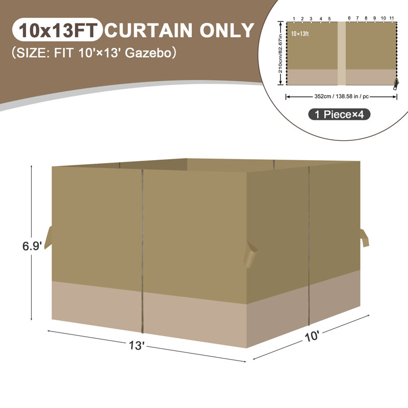 Aoodor Replacement 4-Panel Gazebo Sidewall Curtains, 82.7" H x 120" W x 156" D, Khaki and Sand Yellow