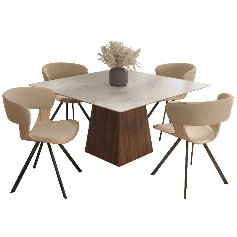 Ensemble de salle à manger 5 pièces avec table de salle à manger carrée avec plateau en pierre frittée blanche et 4 chaises rembourrées