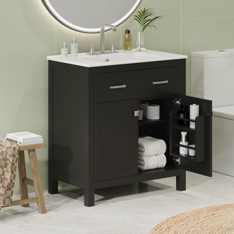 Meuble-lavabo de 30 po avec lavabo en céramique, armoire de salle de bain simple avec 2 portes et une tablette, portes à fermeture douce