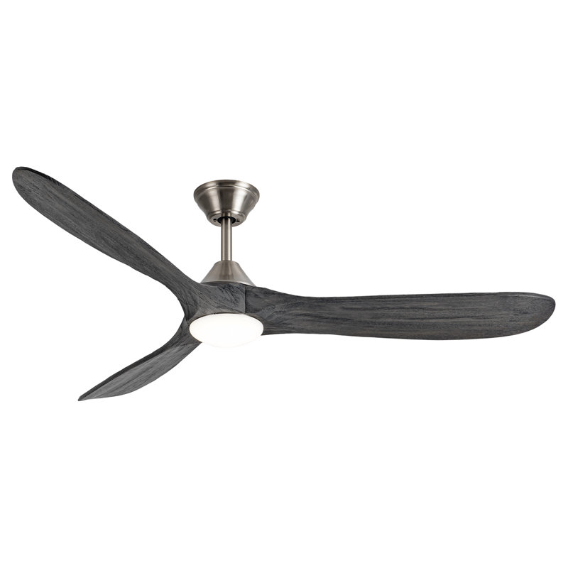 3 Blade Gray Solid Wood Ceiling Fan With Light And Remote Control, 60" Wide