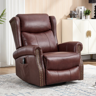 34.8"W Genuine Leather Manual Swivel Rocker Recliner Vintage Recliner With Heated Massage