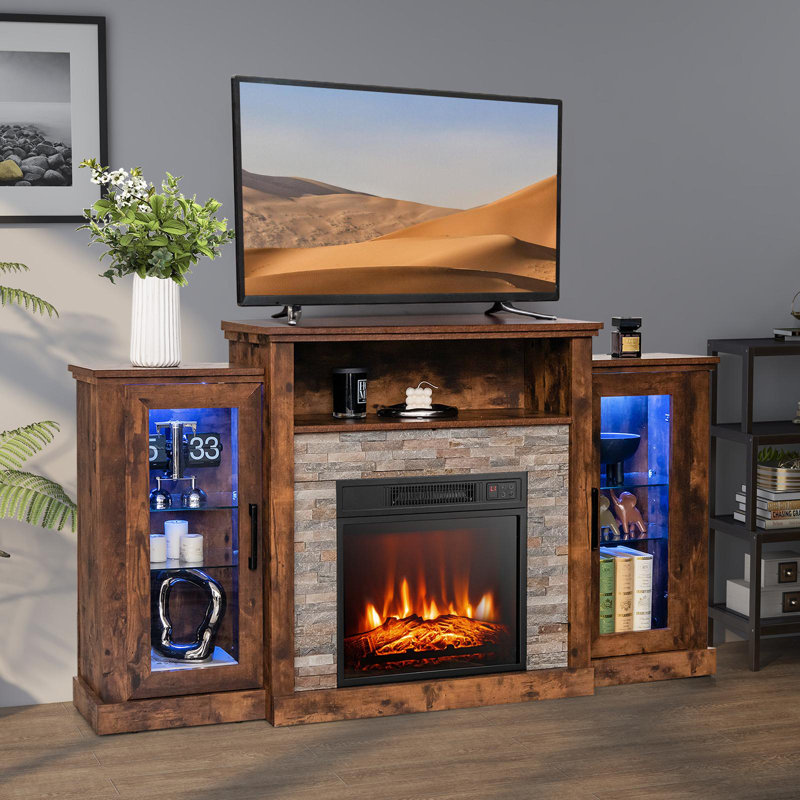59'' W Fireplace TV Stand w/LED Lights & Smart APP Control, Entertainment Center w/18" Electric Fireplace, Brown