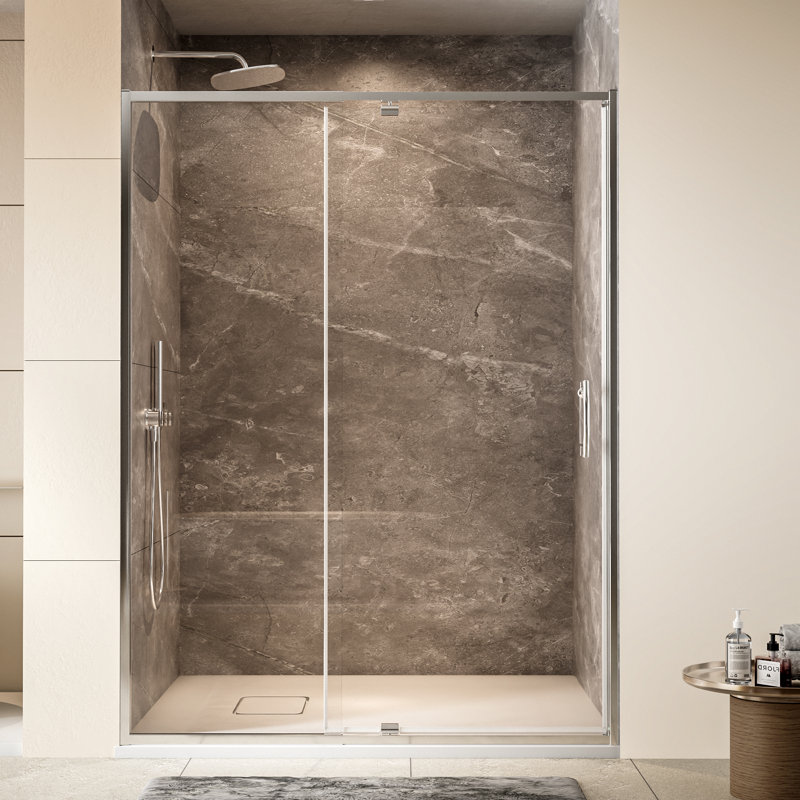 Porte de douche pivotante demi-cadre l 50 à 54 po x H 71 po avec verre trempé 1/4 po, Chrome