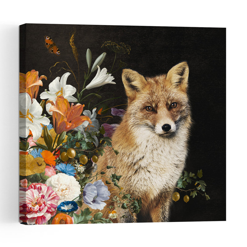 Affiche murale représentant un renard opulent et des fleurs, avec un papillon élégant et coloré, un lys et une forêt de fleurs.
