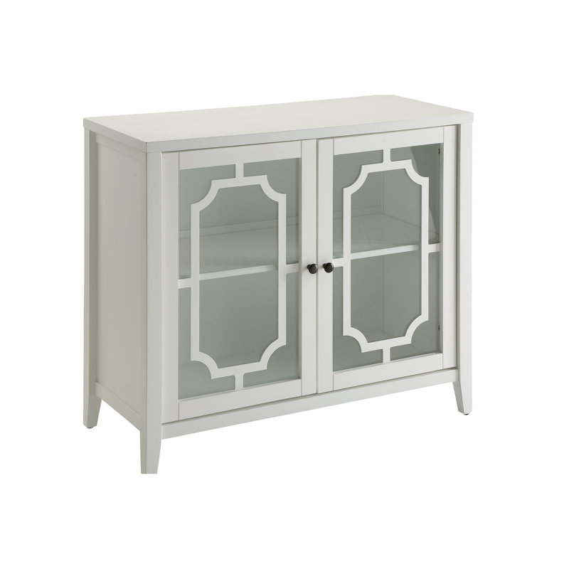 Armoire console à 2 portes en blanc - Table rectangulaire avec rangement en verre et tablette intérieure