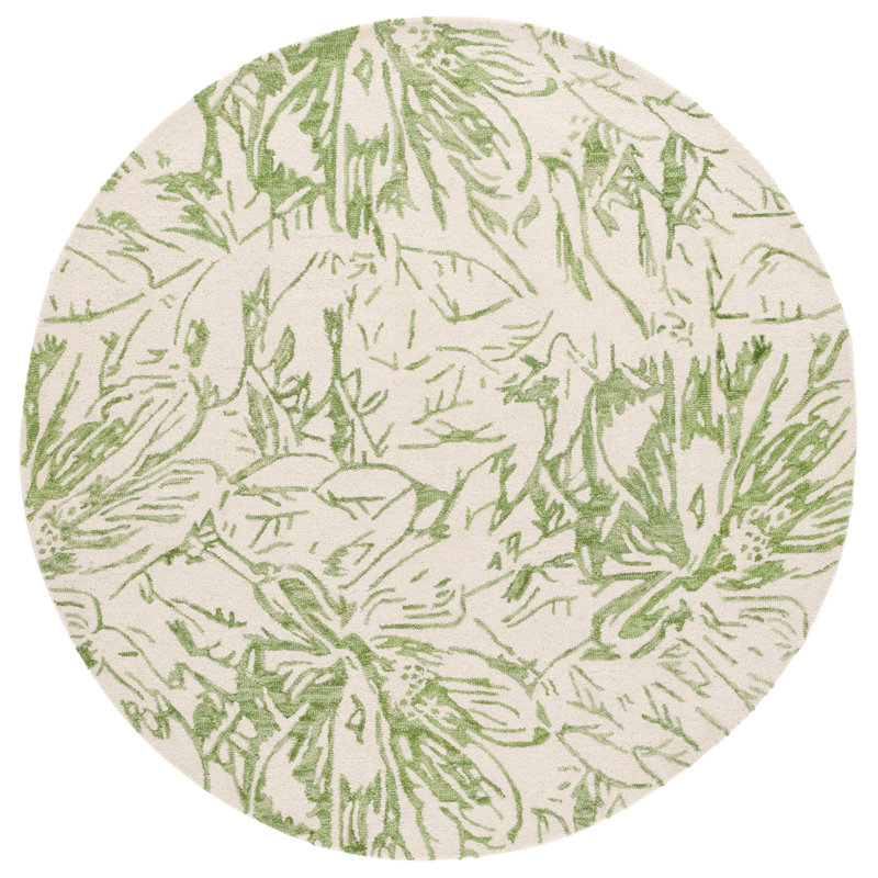 Abbigaile Hand Tufted Wool/Cotton Floral Rug in Ivory/Green, Round 6'