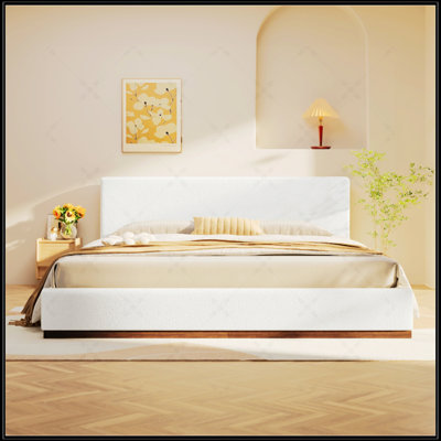Elegant White Fabric Upholstered Bed With Durable Wood Grain Textured Solid Wood Base, King Size