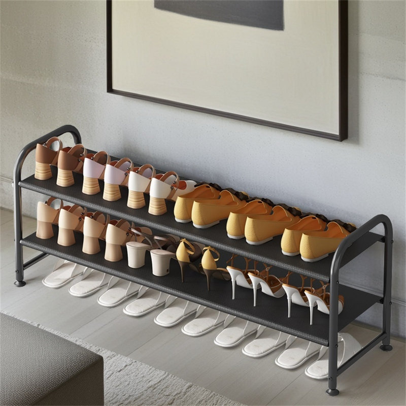 2-Layer Shoe Rack With Long Storage Shelf, Wardrobe Entrance Wide Metal Shoe Rack, Black