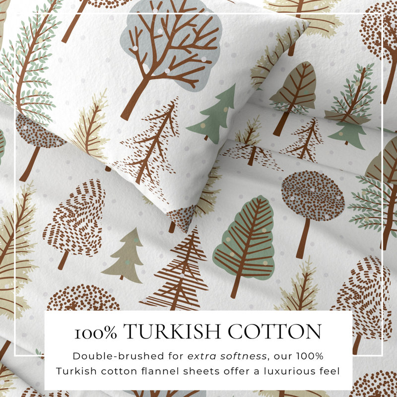 Queen Gray Cotton Flannel Sheet Set with Tree Print