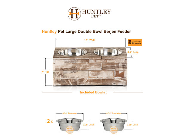 Huntley Pet Berjen Table Elevated Double Bowl Pet Feeder, Brown Wash