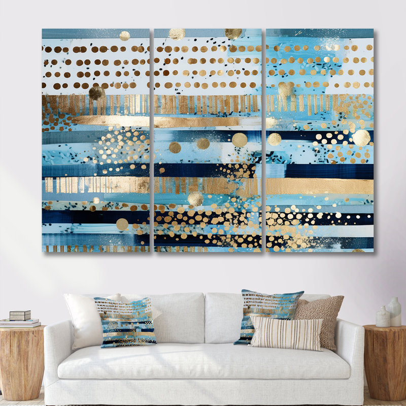 «Blue Sparkling Vertical Gold», ensemble de décorations murales géométriques, Toile tendue, H 32 po x l 48 po x P 1 po