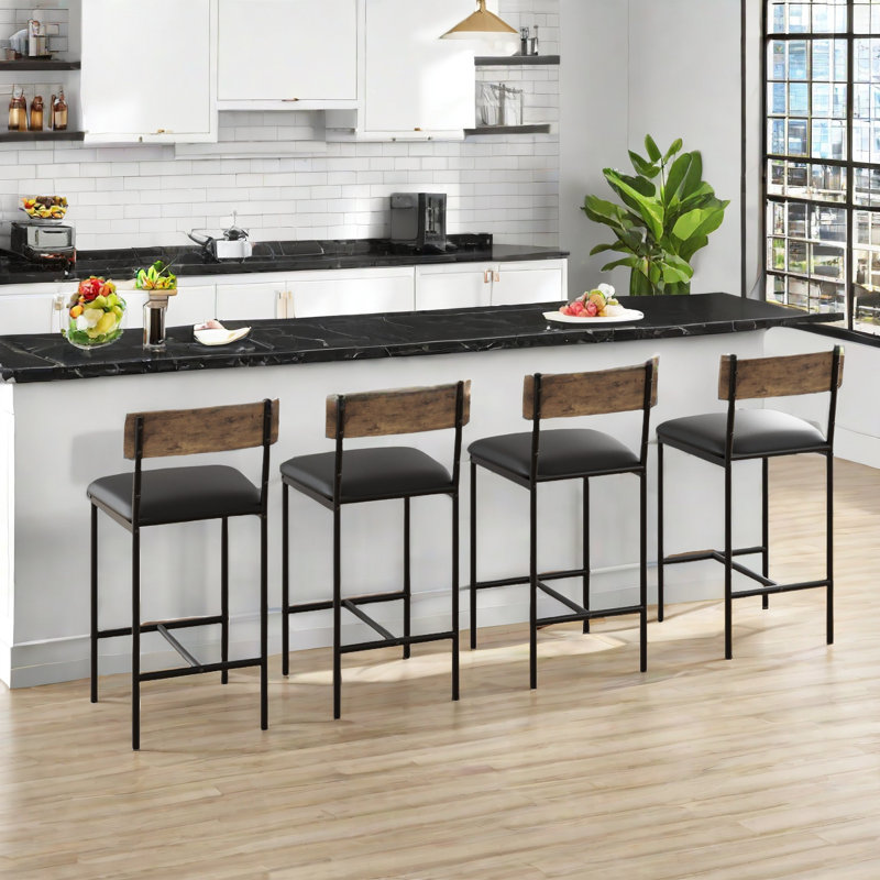 Bar Stools  With Footrest, Upholstered Bar Chairs With Back, Counter Height Barstools, Set Of 4, Brown